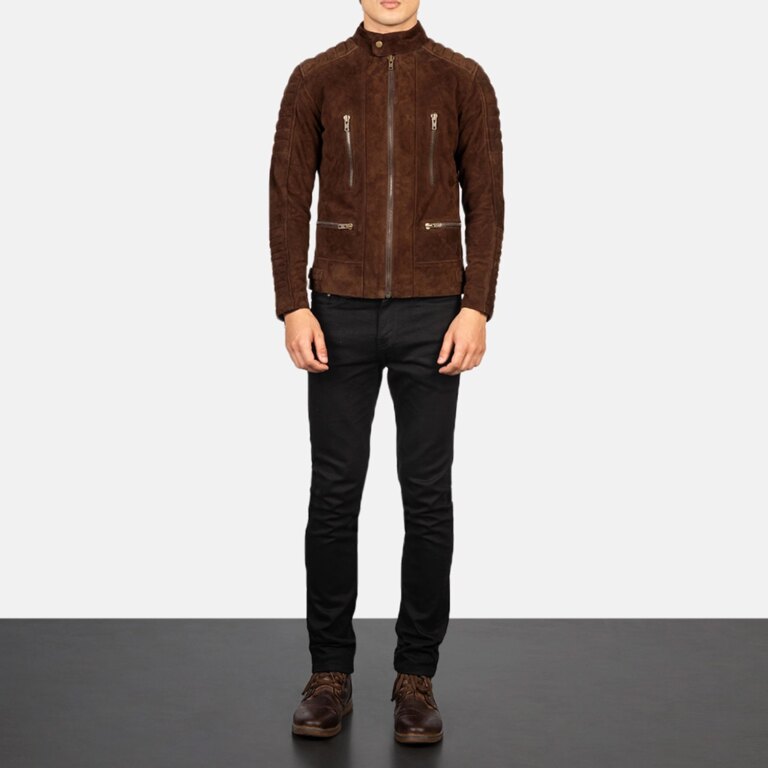 Mens Damian Mocha Suede Biker Jacket Full Length-2-1720090391208